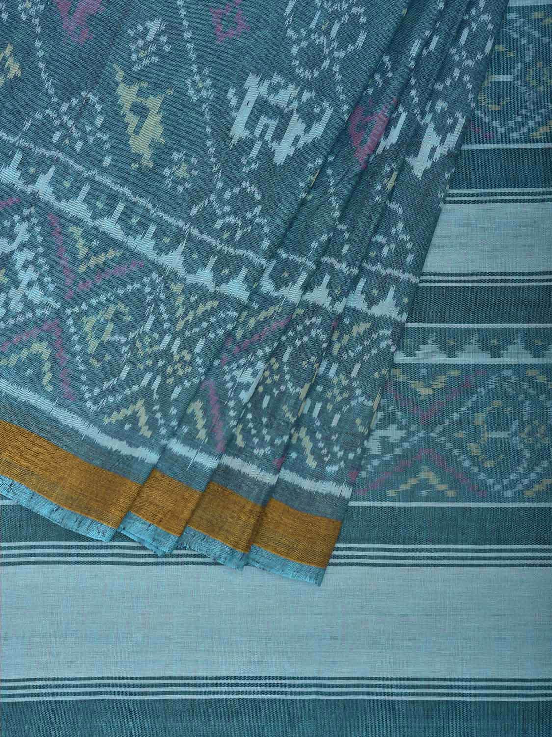 Blue Ikat Cotton Handloom Saree with Elephant and Parrot Design i0885