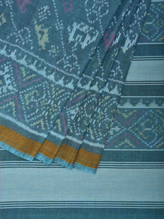 Blue Ikat Cotton Handloom Saree with Elephant and Parrot Design i0885