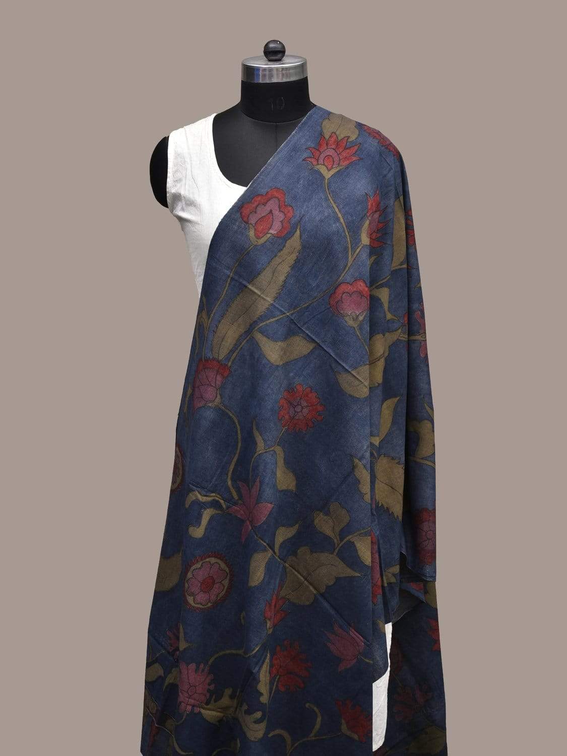 Blue Indigo Kalamkari Hand Painted Cotton Handloom Dupatta with Flowers Design ds2231