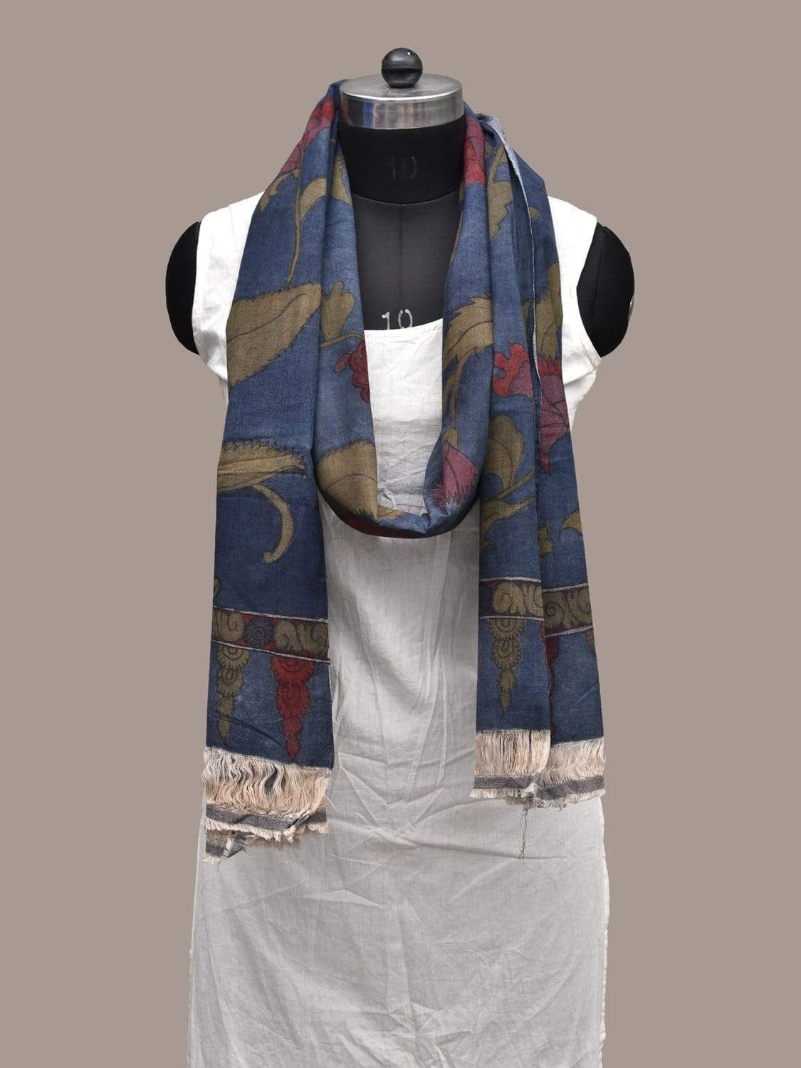 Blue Indigo Kalamkari Hand Painted Cotton Handloom Dupatta with Flowers Design ds2231