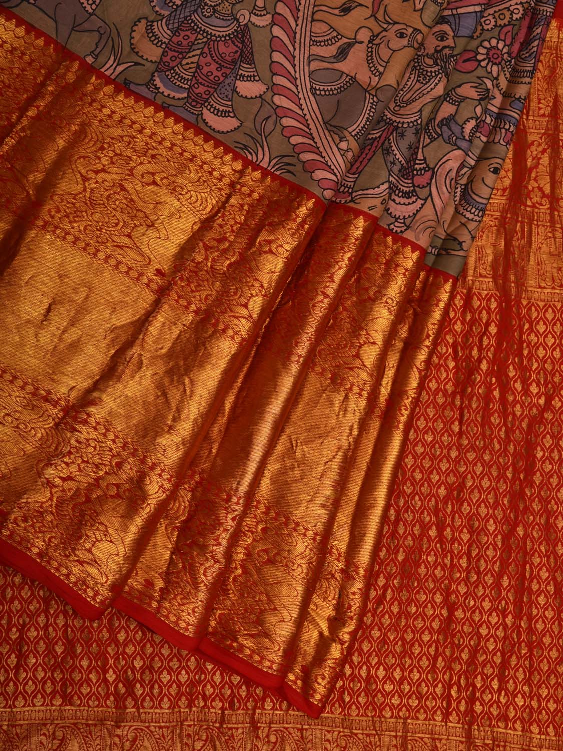Blue Kalamkari Hand Painted Banaras Silk Handloom Saree with Krishna Leela Design KL0690