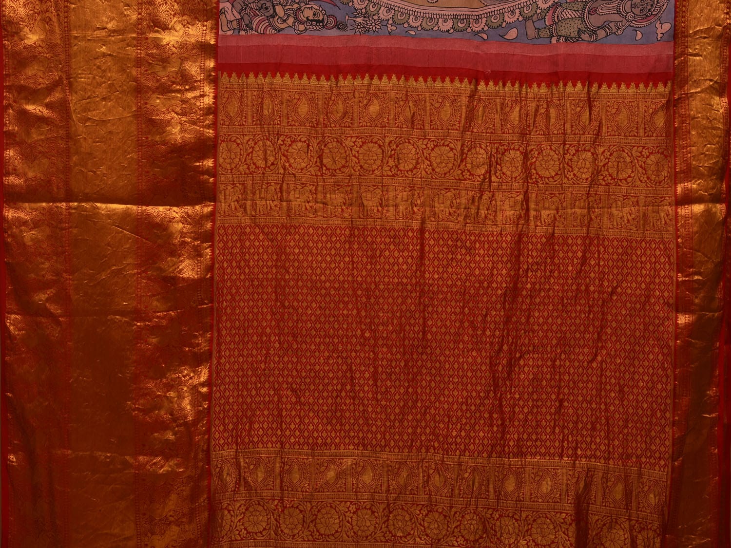 Blue Kalamkari Hand Painted Banaras Silk Handloom Saree with Krishna Leela Design KL0690