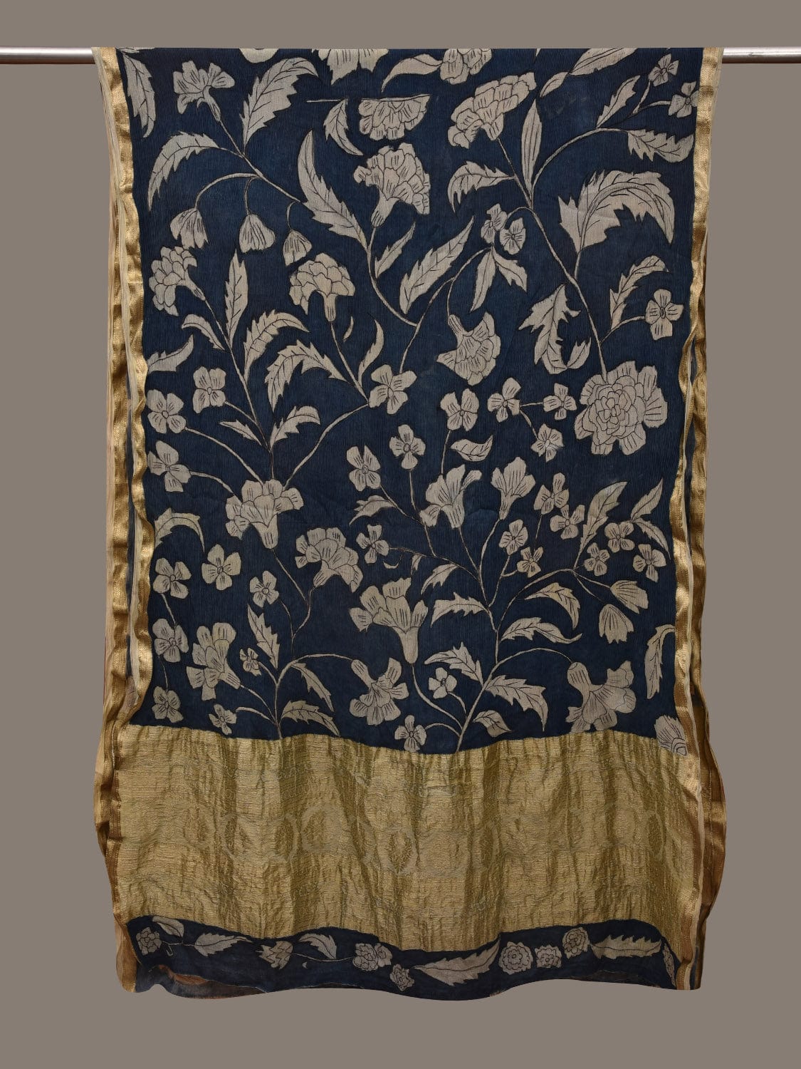 Blue Kalamkari Hand Painted Chiffon Dupatta with Floral and Zari Design ds2952