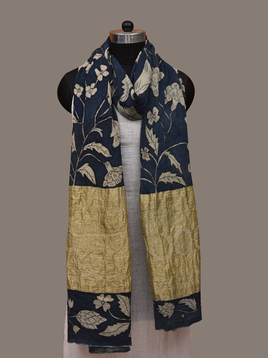 Blue Kalamkari Hand Painted Chiffon Dupatta with Floral and Zari Design ds2952