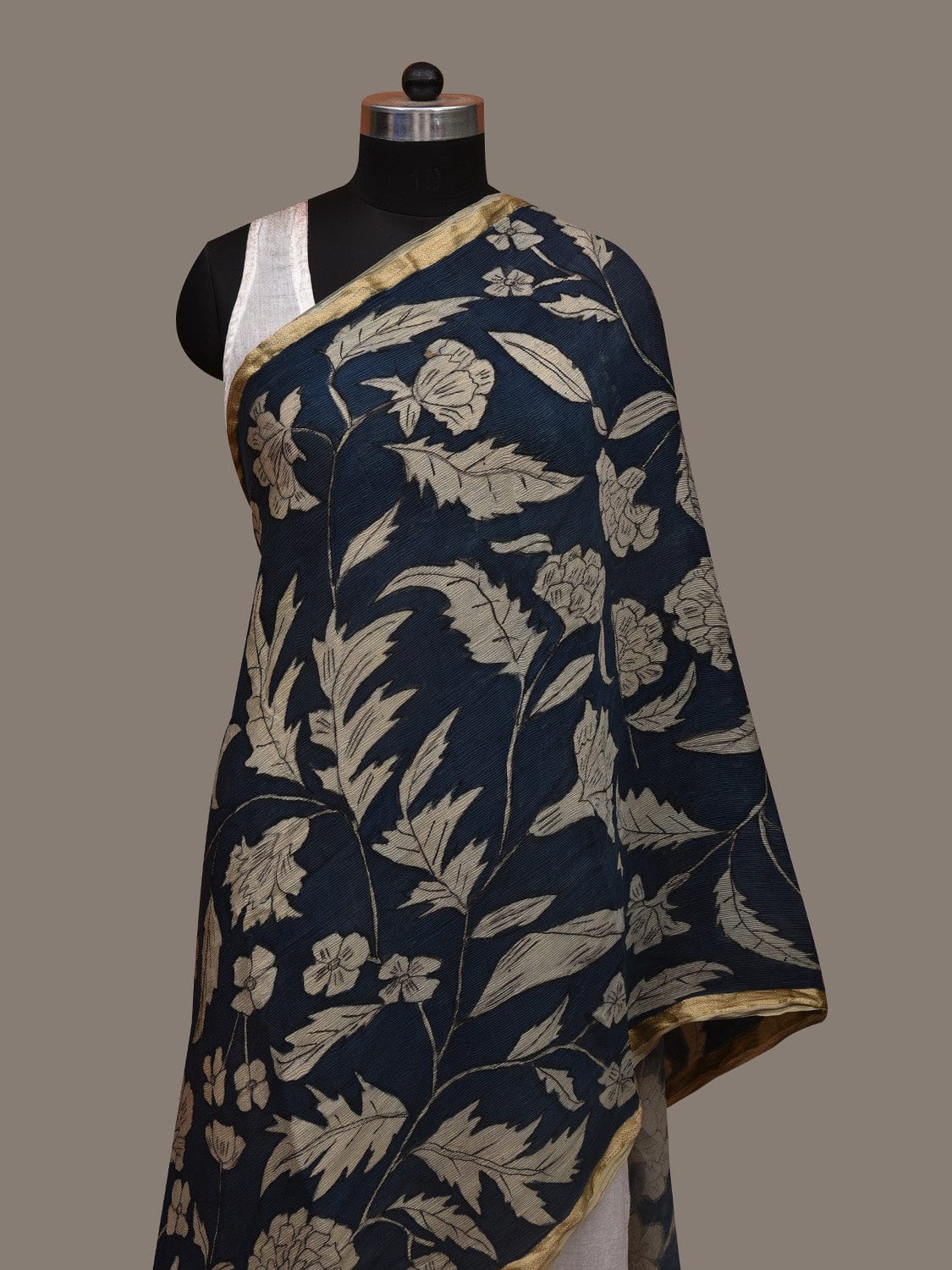 Blue Kalamkari Hand Painted Chiffon Dupatta with Floral and Zari Design ds2952