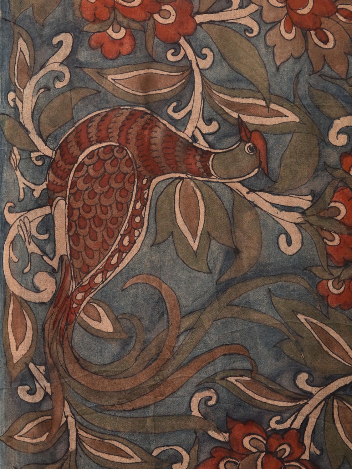 Blue Kalamkari Hand Painted Chiffon Saree with Floral and Birds Design KL0772