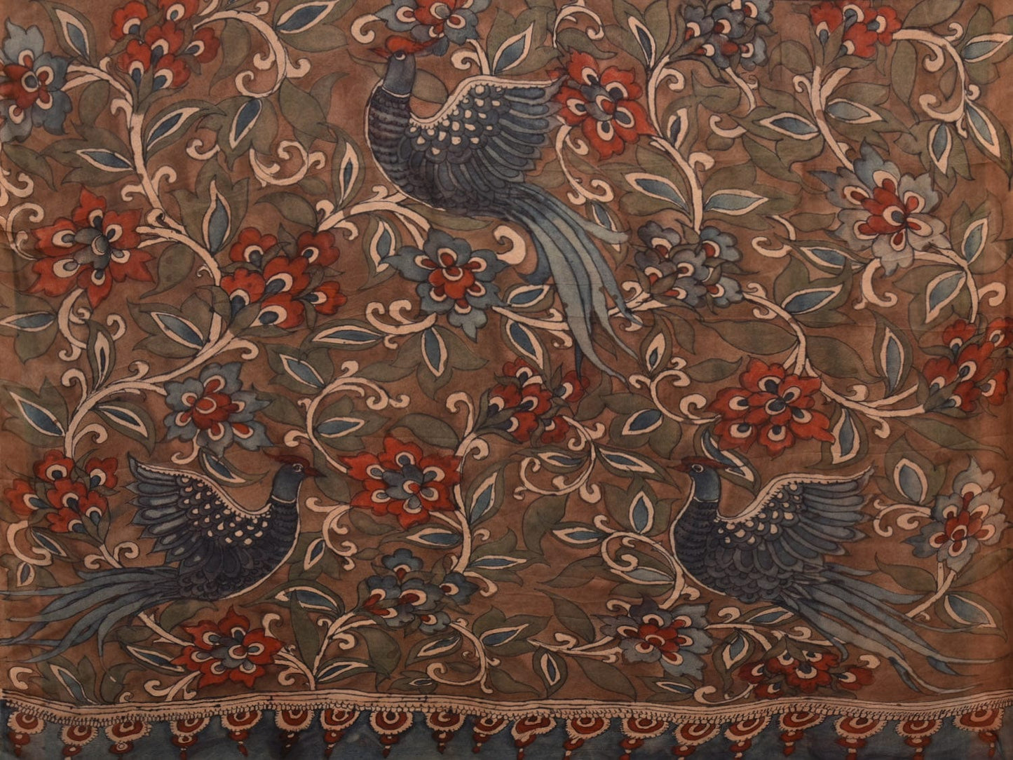 Blue Kalamkari Hand Painted Chiffon Saree with Floral and Birds Design KL0772