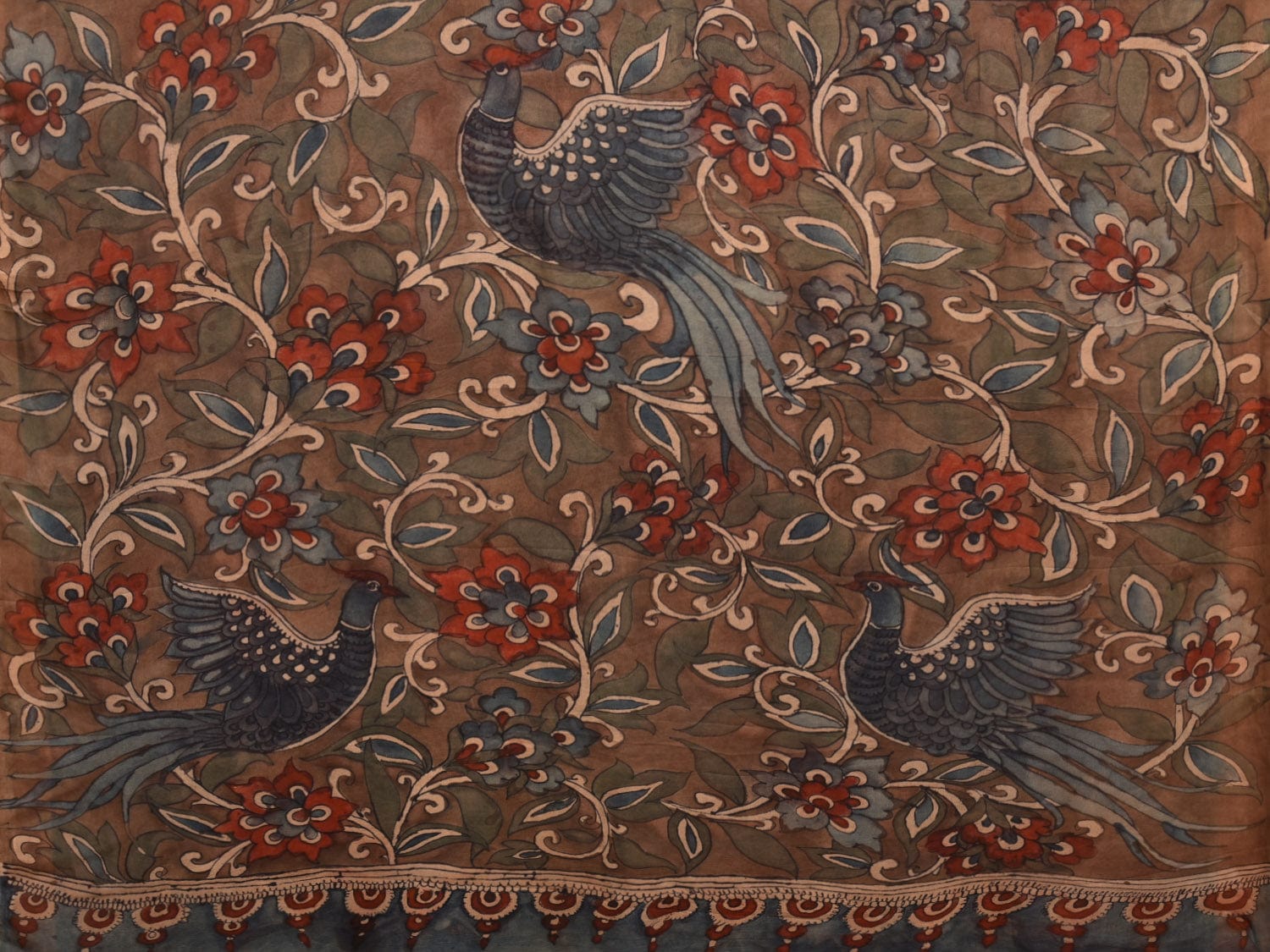 Blue Kalamkari Hand Painted Chiffon Saree with Floral and Birds Design KL0772