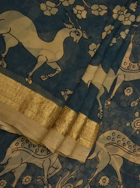 Blue Kalamkari Hand Painted Chiffon Saree with Flowers and Deers Design No Blouse KL0624