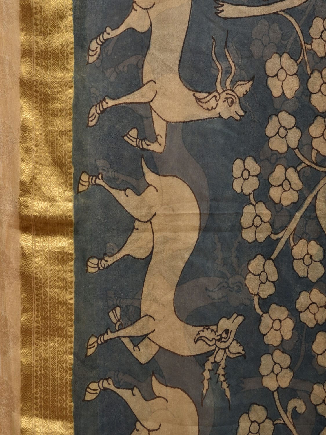 Blue Kalamkari Hand Painted Chiffon Saree with Flowers and Deers Design No Blouse KL0624