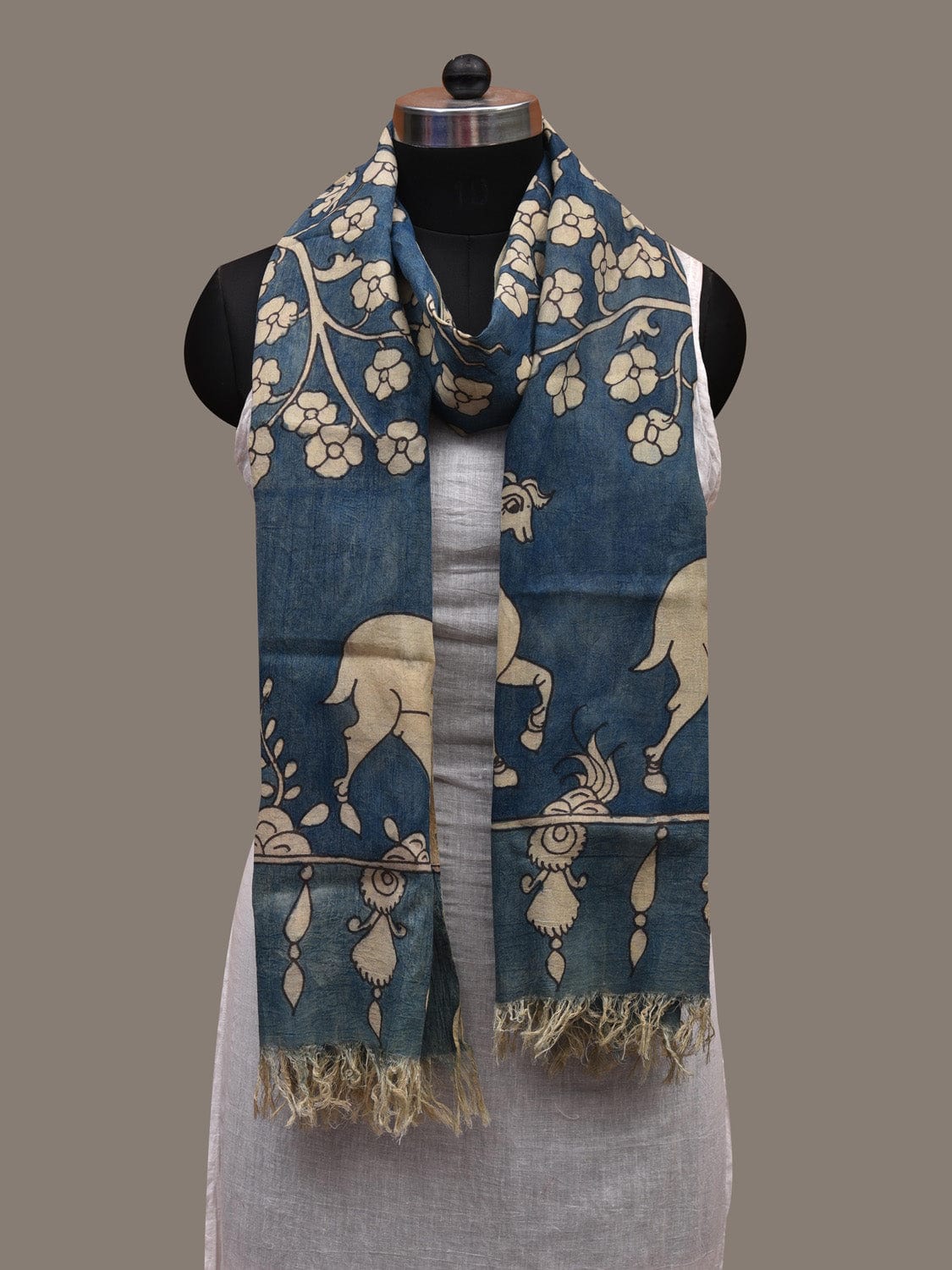 Blue Kalamkari Hand Painted Cotton Handloom Dupatta with Deers and Tree Design ds2690