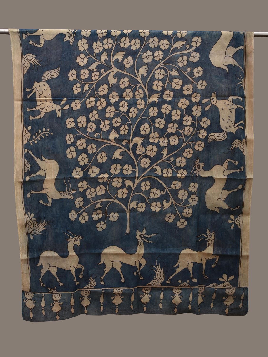Blue Kalamkari Hand Painted Cotton Handloom Dupatta with Deers and Tree Design ds2690