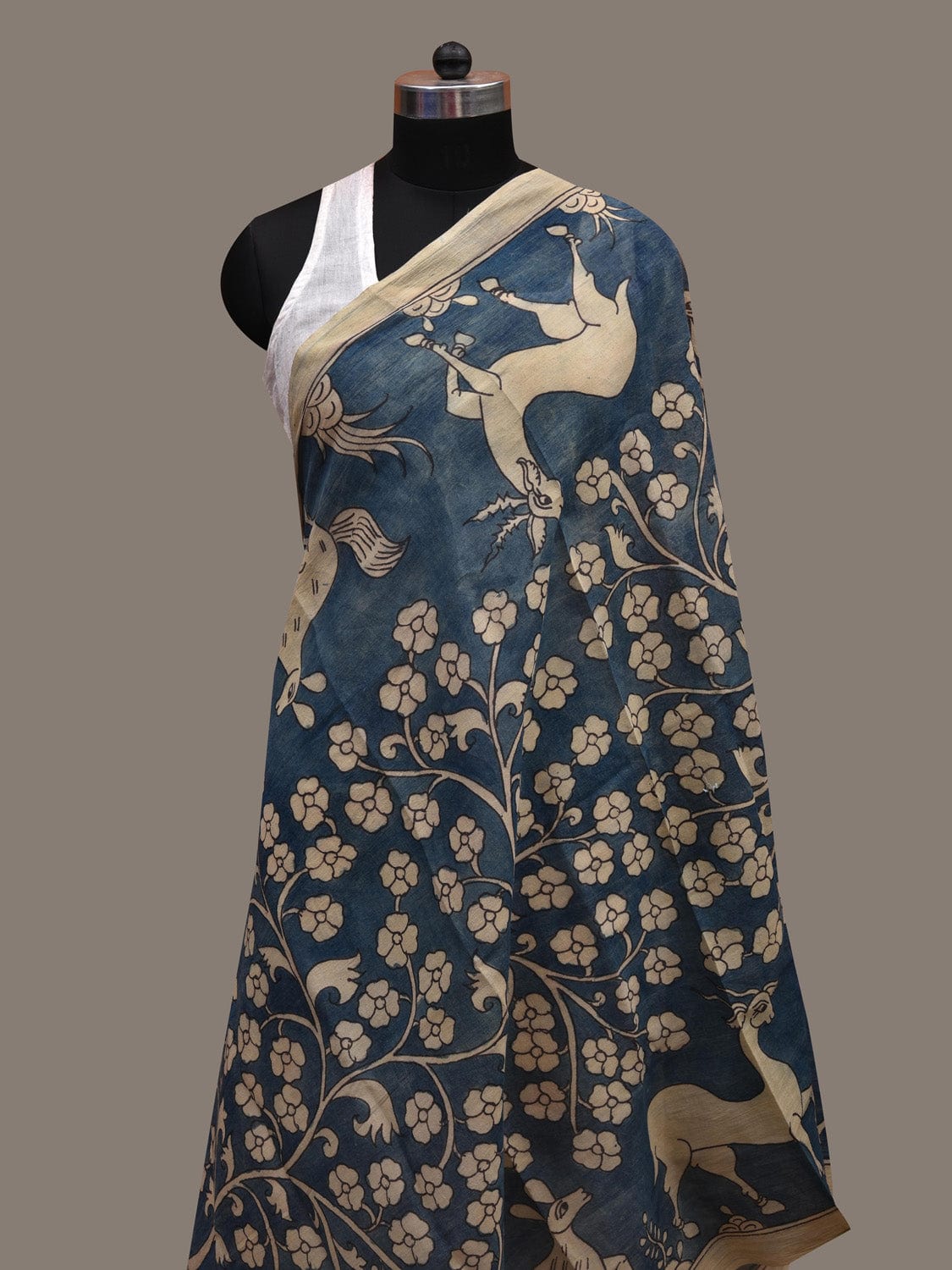 Blue Kalamkari Hand Painted Cotton Handloom Dupatta with Deers and Tree Design ds2690