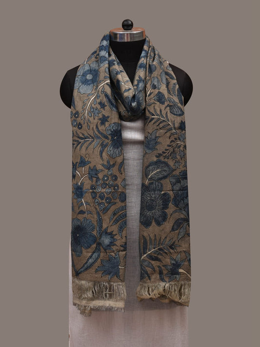 Blue Kalamkari Hand Painted Cotton Handloom Dupatta with Dobi Border and Floral Design ds2958