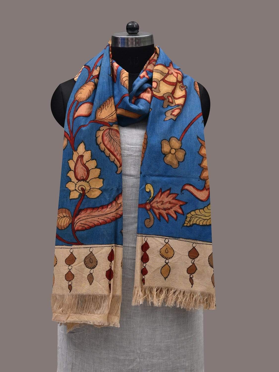 Blue Kalamkari Hand Painted Cotton Handloom Dupatta with Floral Design ds2476