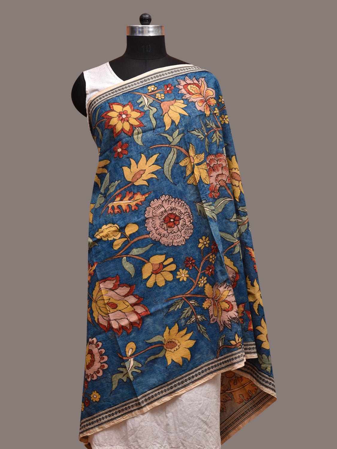 Blue Kalamkari Hand Painted Cotton Handloom Dupatta with Floral Design ds3608