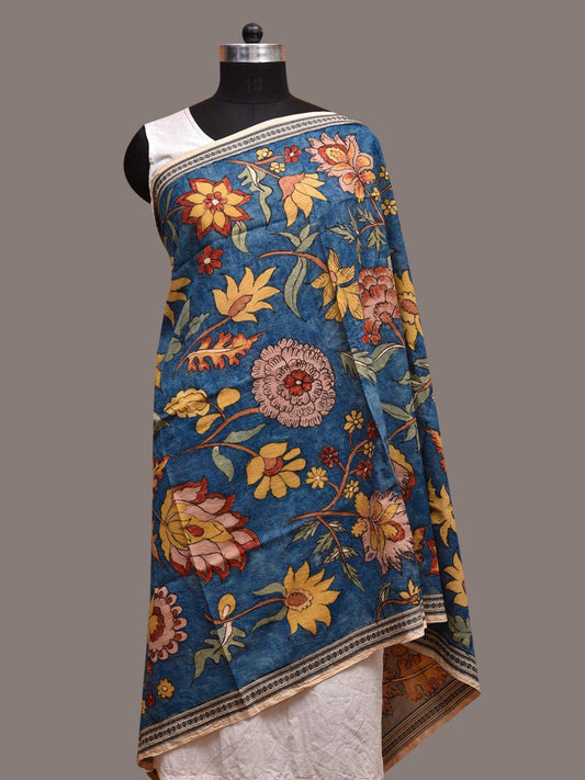 Blue Kalamkari Hand Painted Cotton Handloom Dupatta with Floral Design ds3608