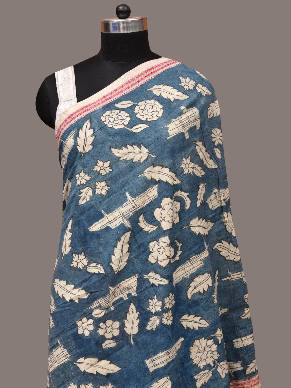 Blue Kalamkari Hand Painted Cotton Handloom Dupatta with Leaves and Doby Border Design ds3457