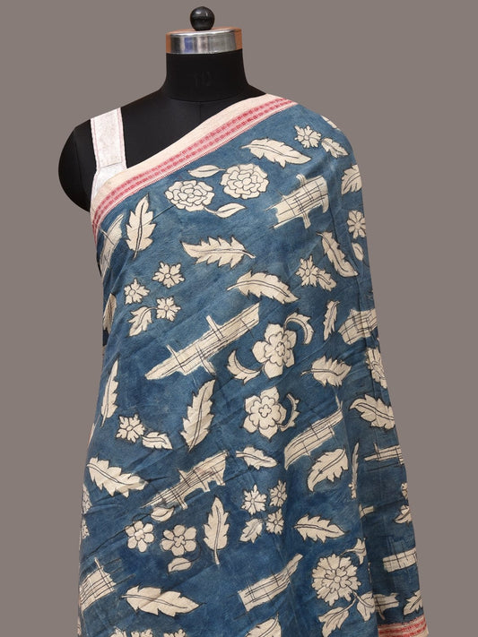 Blue Kalamkari Hand Painted Cotton Handloom Dupatta with Leaves and Doby Border Design ds3457