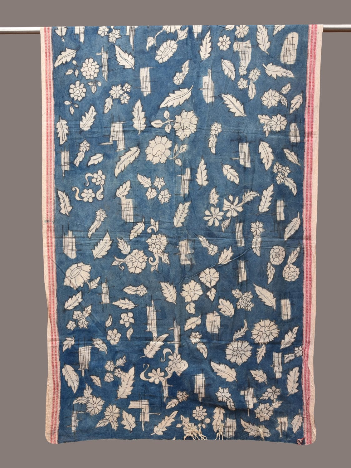 Blue Kalamkari Hand Painted Cotton Handloom Dupatta with Leaves and Doby Border Design ds3457