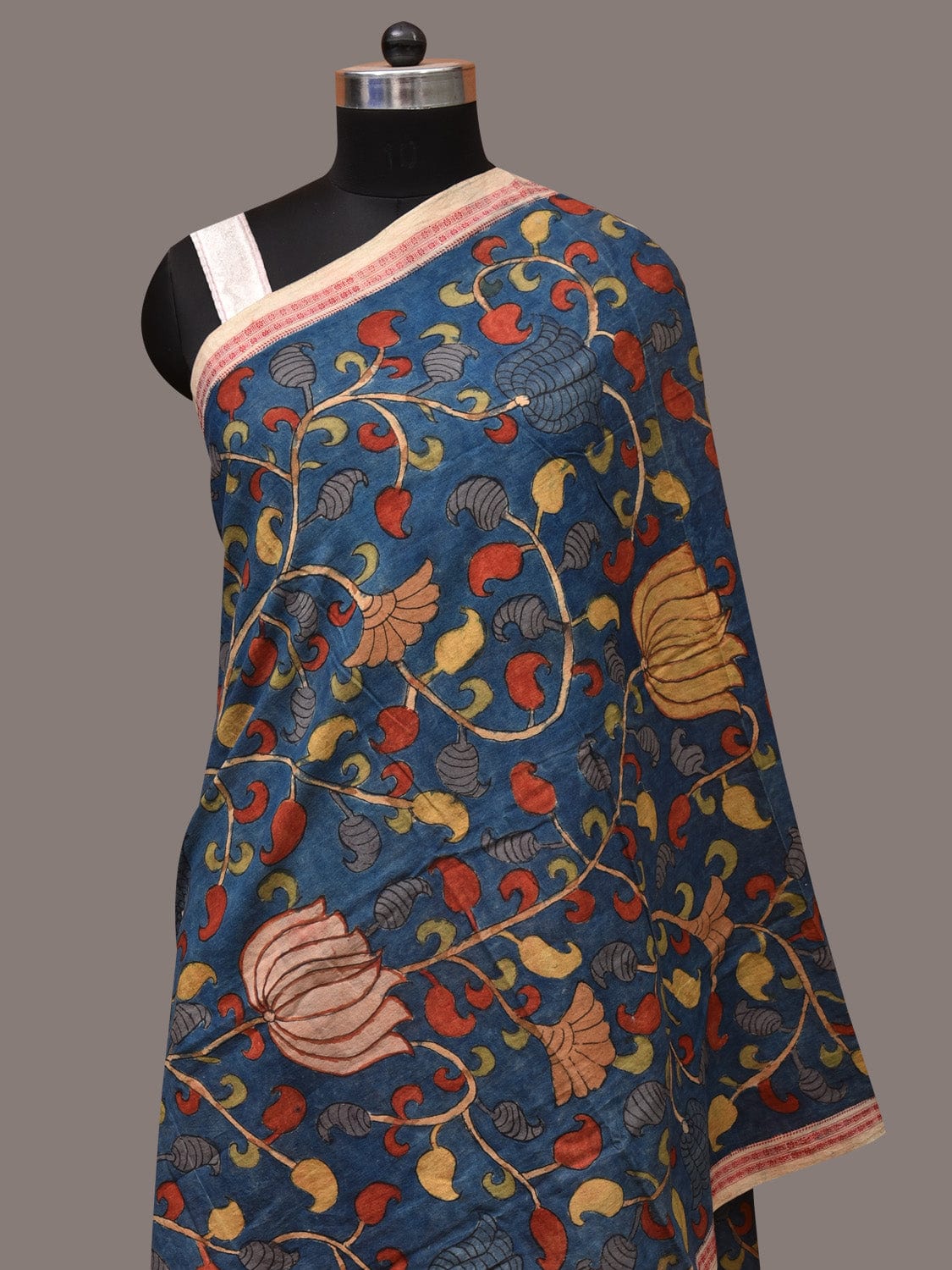 Blue Kalamkari Hand Painted Cotton Handloom Dupatta with Lotus and Doby Border Design ds3455