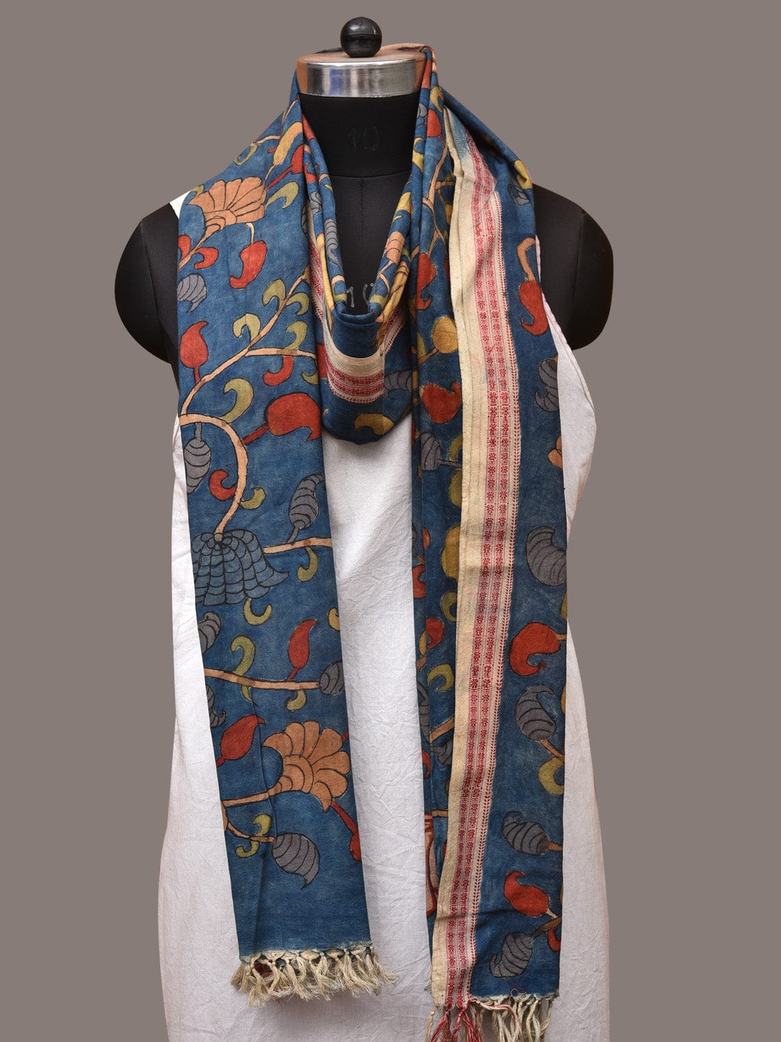 Blue Kalamkari Hand Painted Cotton Handloom Dupatta with Lotus and Doby Border Design ds3455