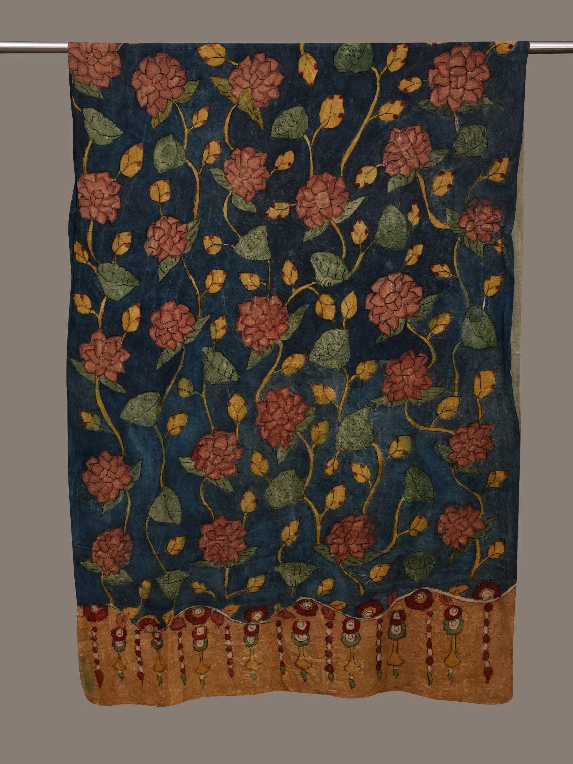 Blue Kalamkari Hand Painted Cotton Handloom Dupatta with Lotus Flowers Design ds3008