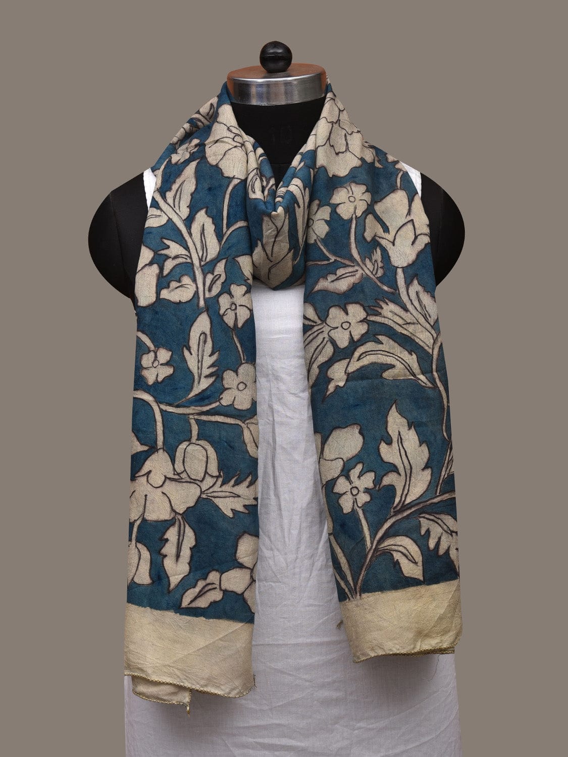 Blue Kalamkari Hand Painted Cotton Handloom Stole with Floral Design ds3037