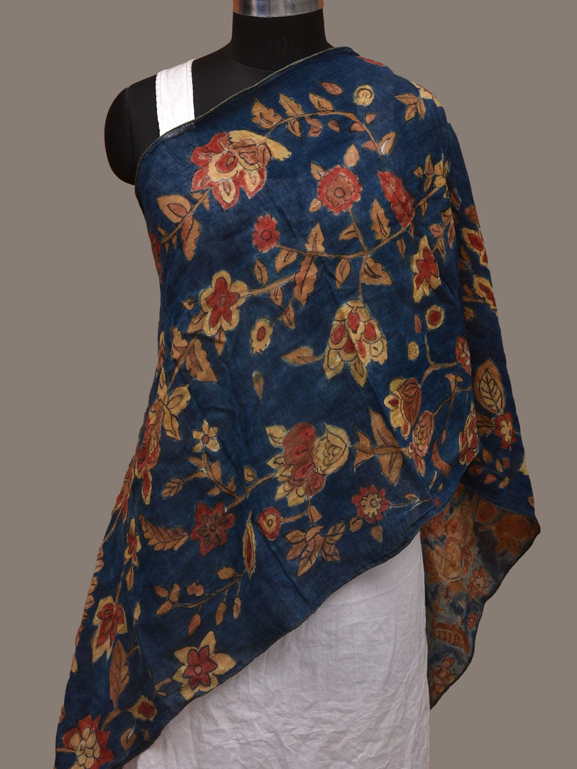Blue Kalamkari Hand Painted Cotton Handloom Stole with Floral Design ds3095