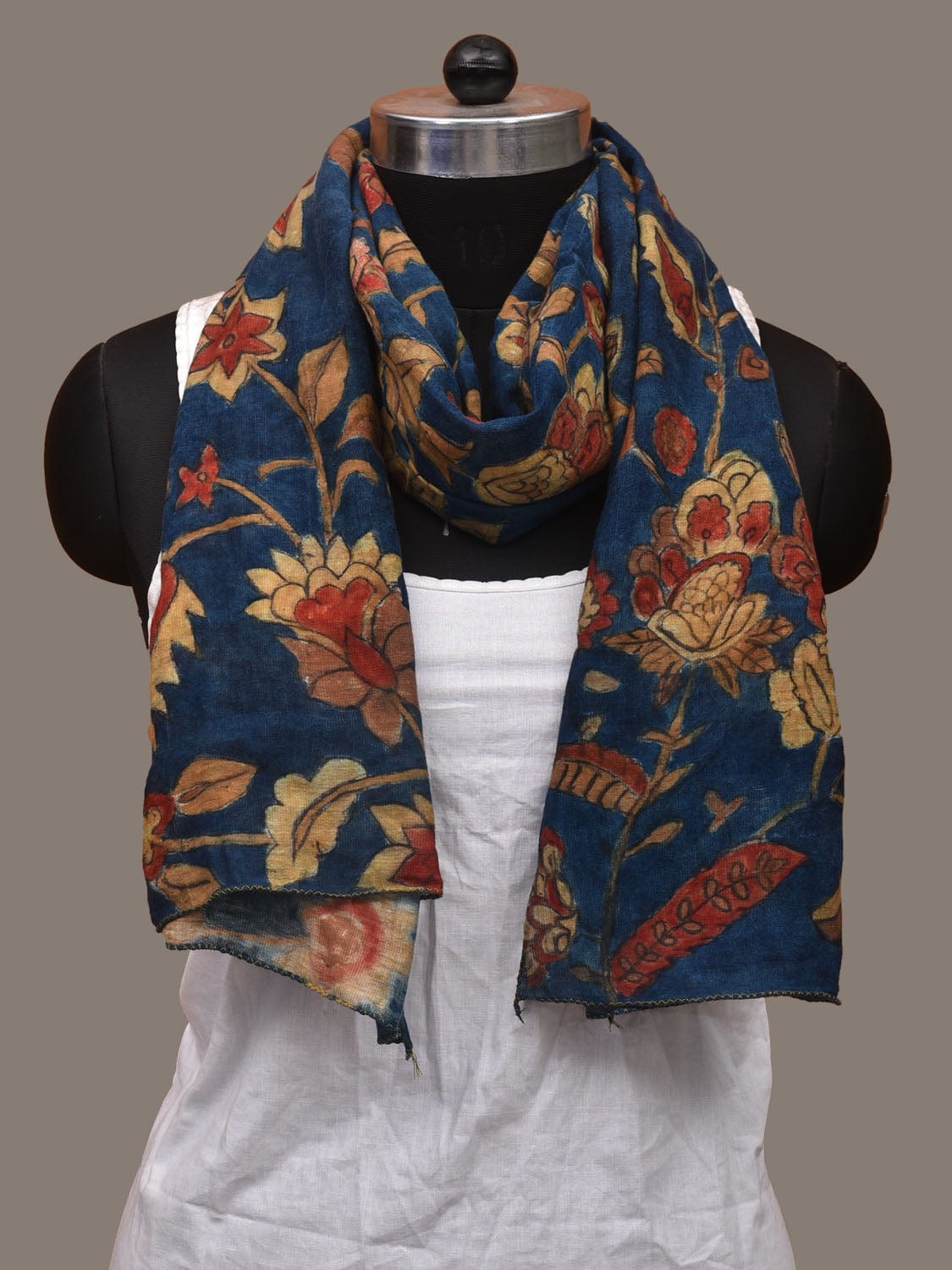 Blue Kalamkari Hand Painted Cotton Handloom Stole with Floral Design ds3095
