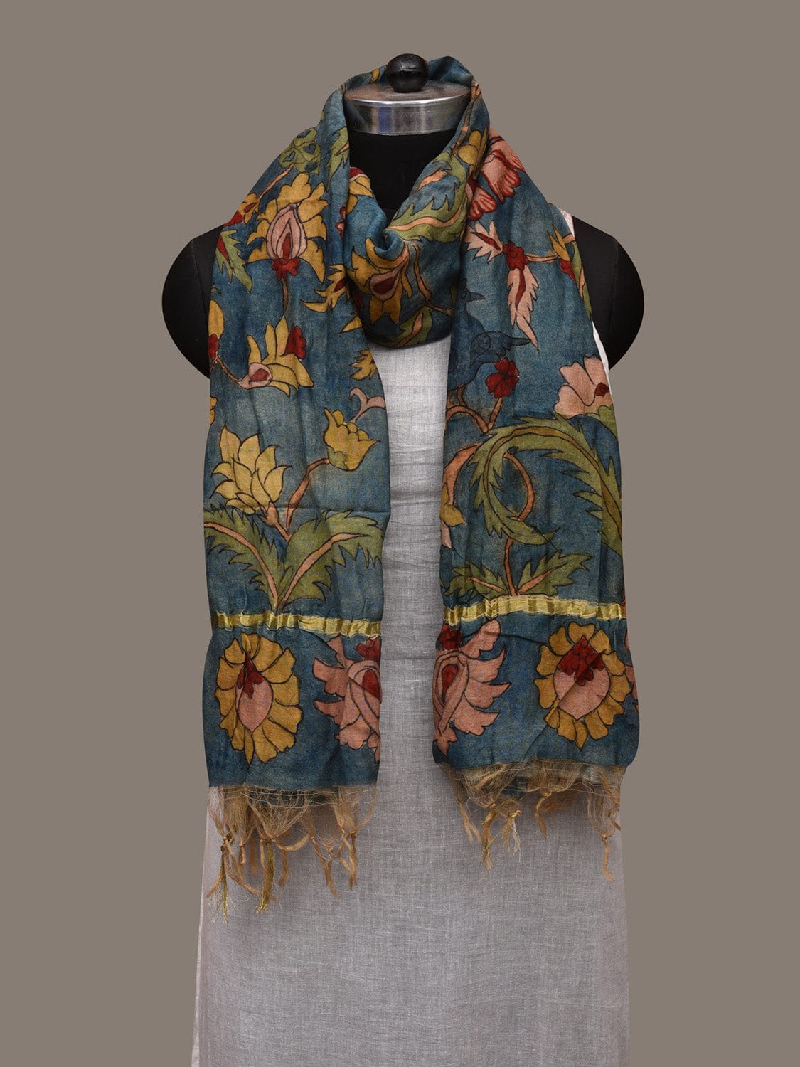 Blue Kalamkari Hand Painted Cotton Silk Handloom Dupatta with Birds and Floral Design ds2977