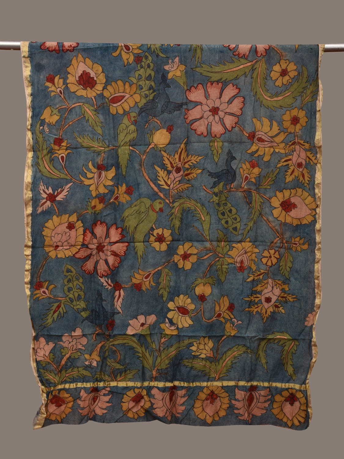 Blue Kalamkari Hand Painted Cotton Silk Handloom Dupatta with Birds and Floral Design ds2977