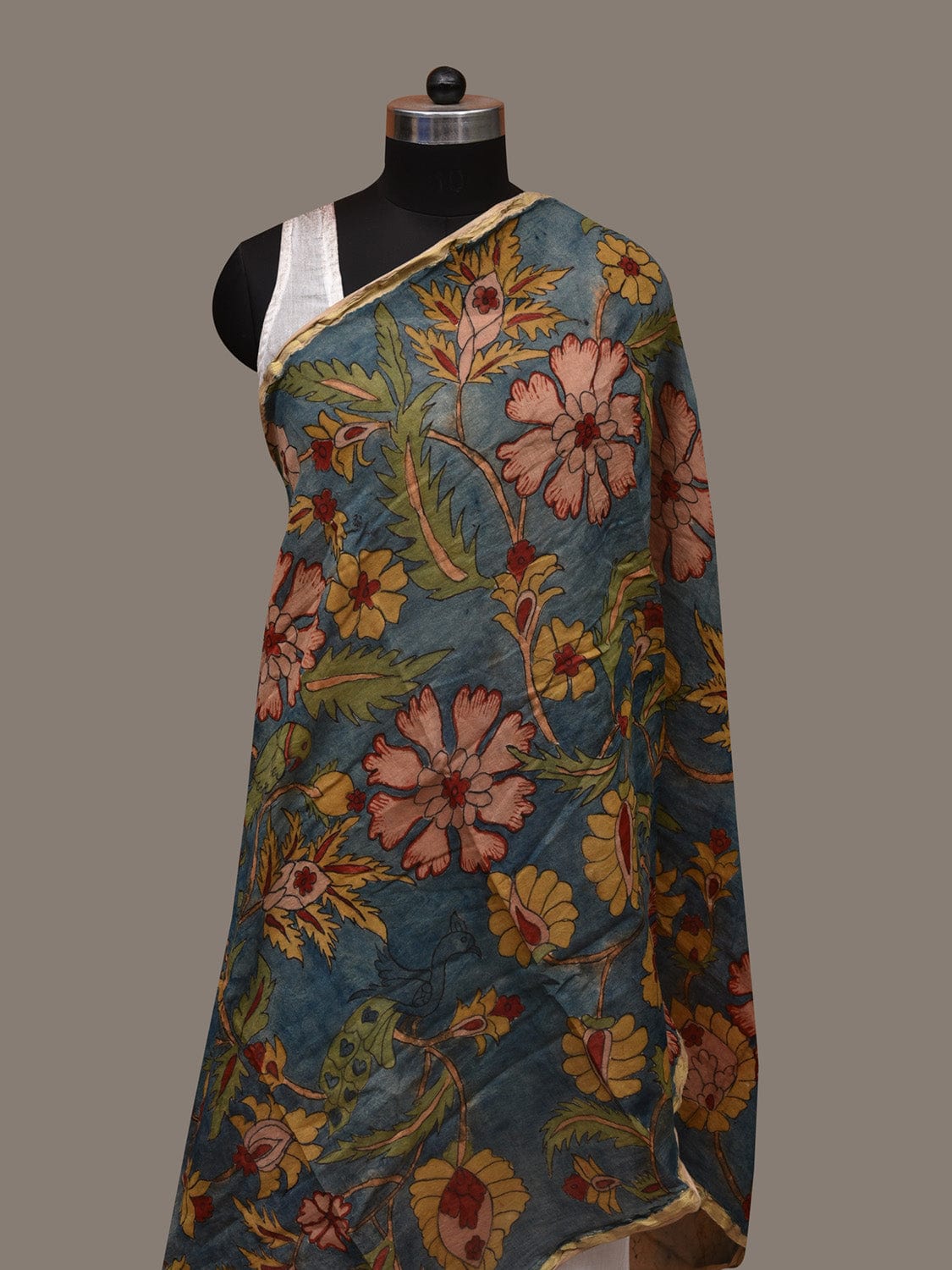 Blue Kalamkari Hand Painted Cotton Silk Handloom Dupatta with Birds and Floral Design ds2977