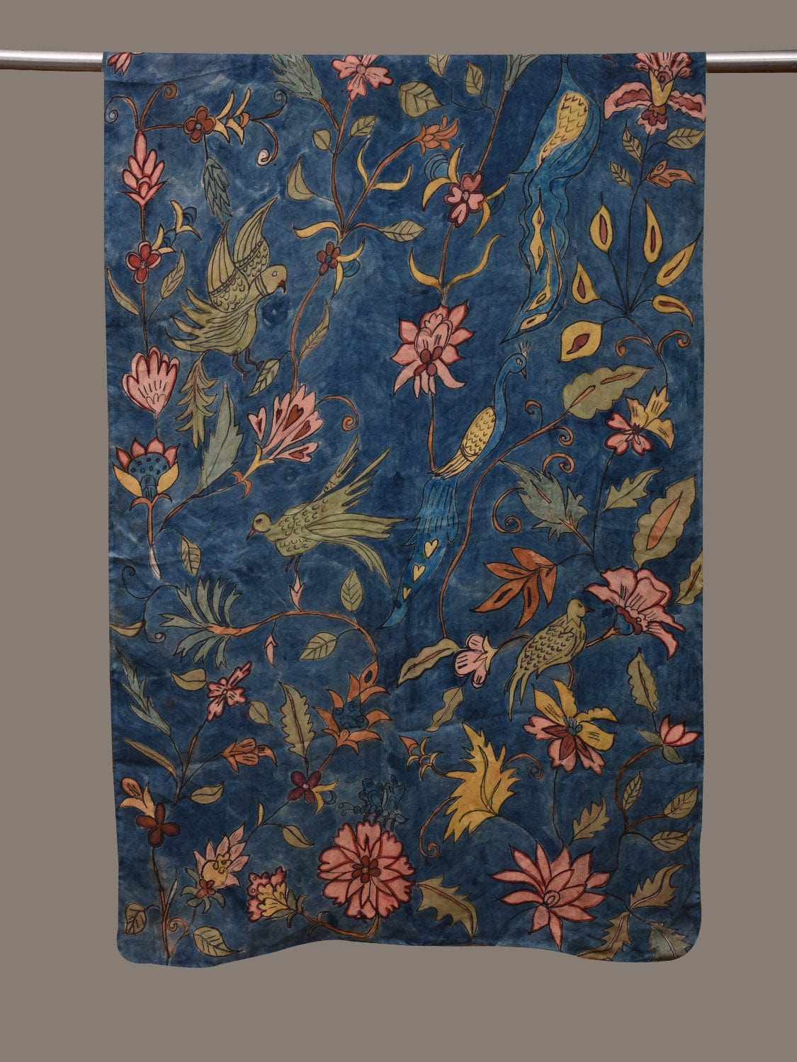 Blue Kalamkari Hand Painted Cotton Silk Handloom Stole with Flowers and Birds Design ds3026