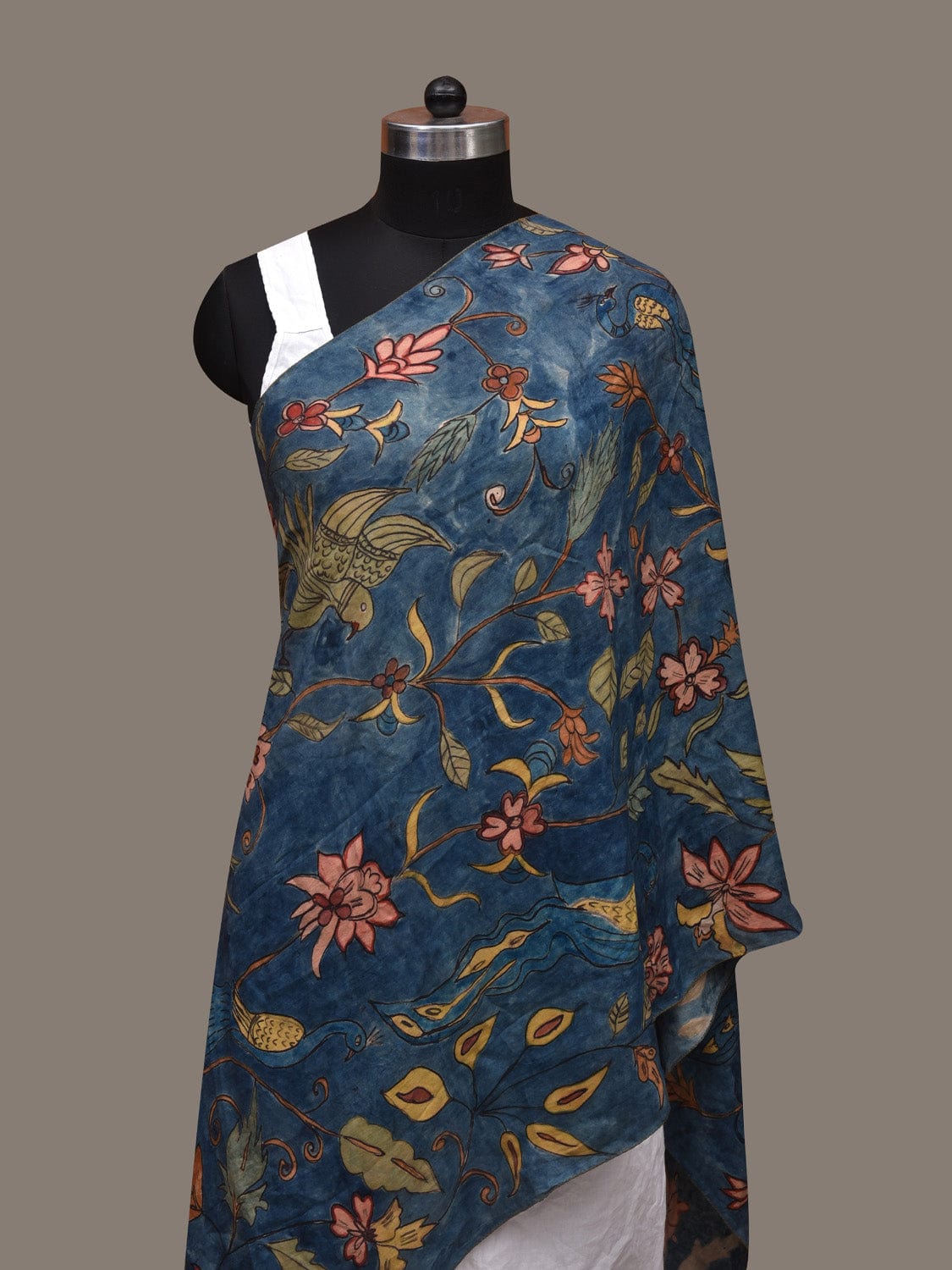 Blue Kalamkari Hand Painted Cotton Silk Handloom Stole with Flowers and Birds Design ds3026