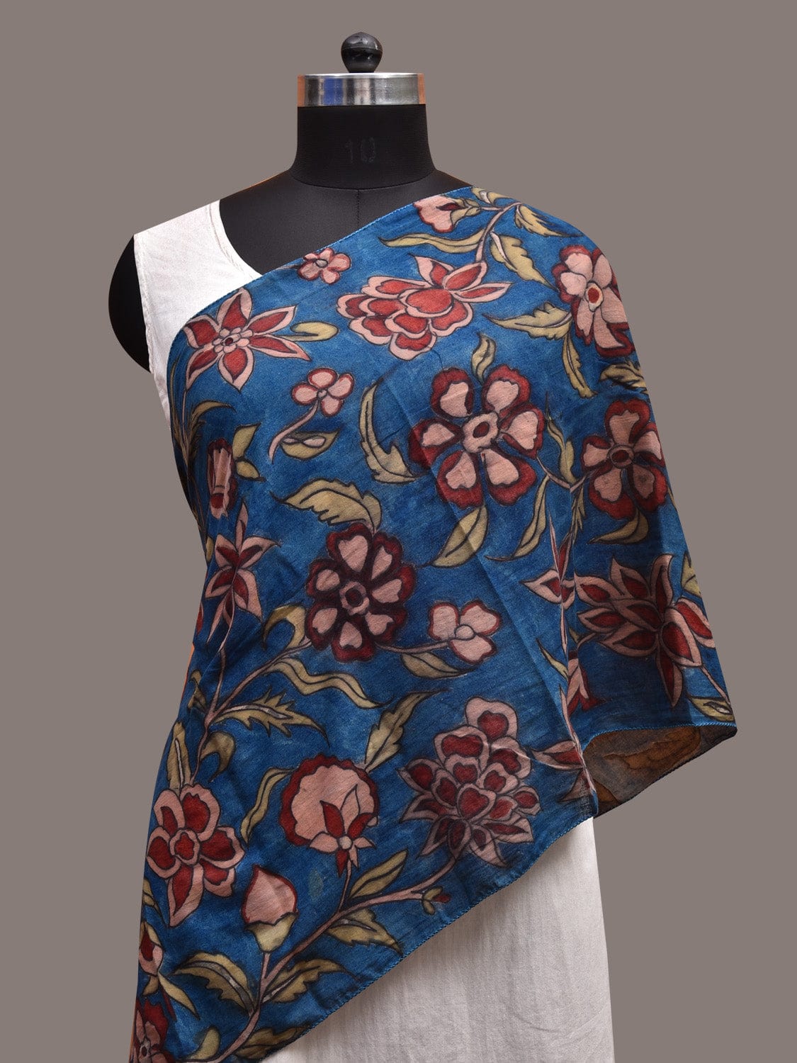 Blue Kalamkari Hand Painted Cotton Stole with Lotus Flowers Design ds3641