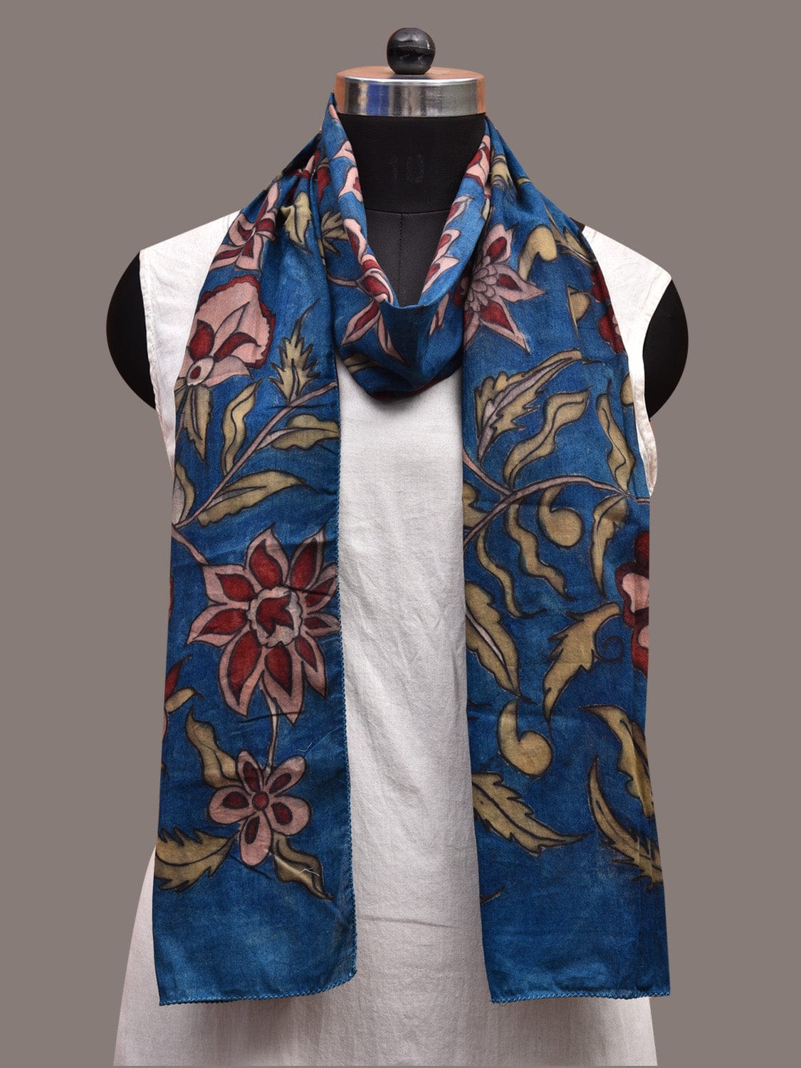 Blue Kalamkari Hand Painted Cotton Stole with Lotus Flowers Design ds3641