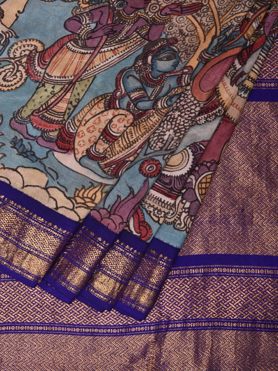 Blue Kalamkari Hand Painted Gadwal Silk Handloom Saree with Dashavatar Design KL0767