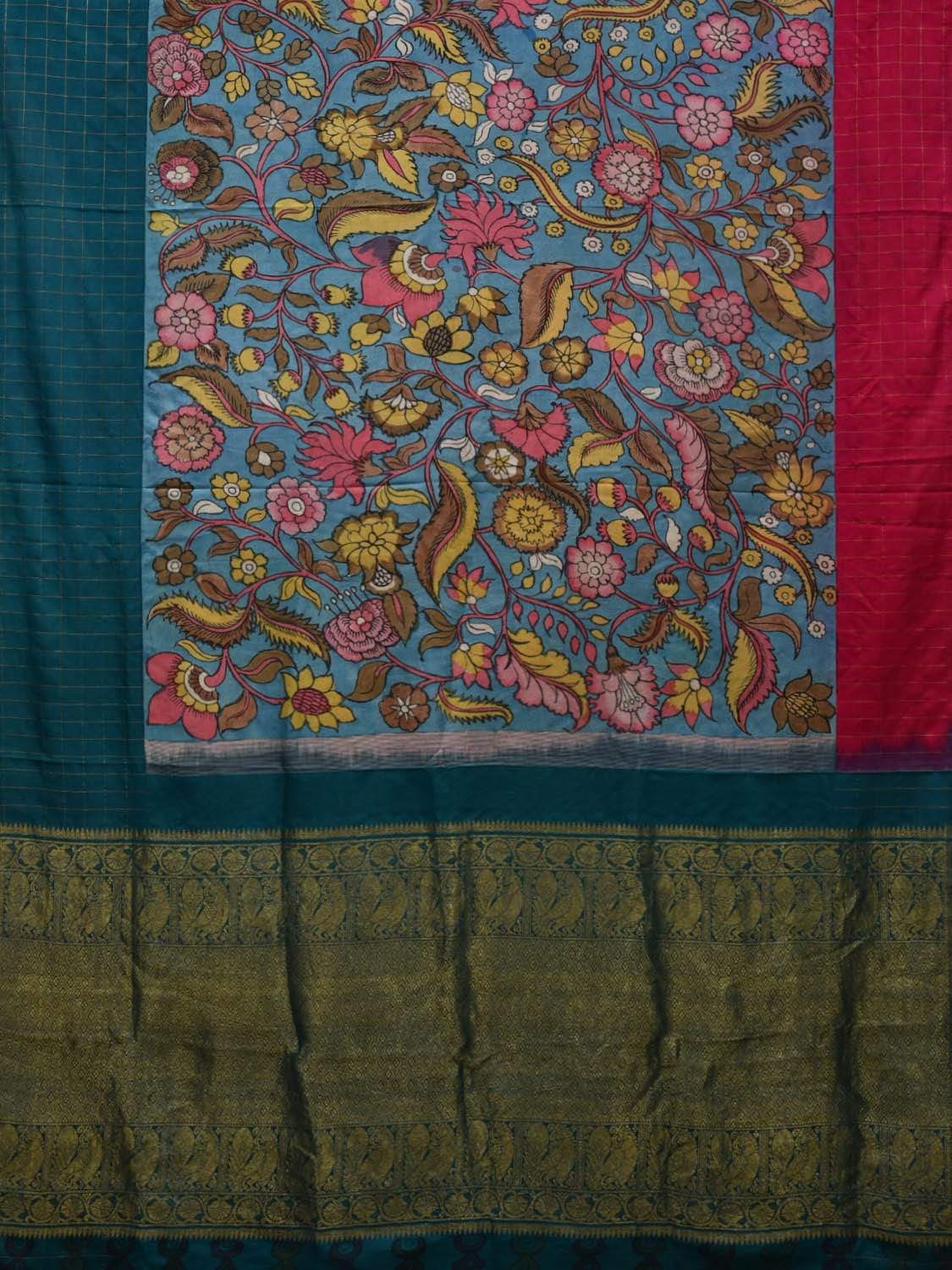 Blue Kalamkari Hand Painted Gadwal Silk Handloom Saree with Floral and Ganga-Jamuna Checks Border Design KL0522