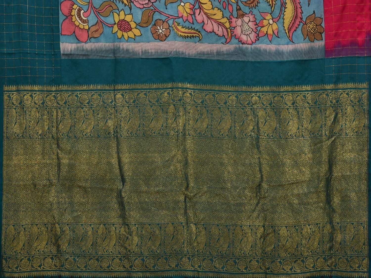 Blue Kalamkari Hand Painted Gadwal Silk Handloom Saree with Floral and Ganga-Jamuna Checks Border Design KL0522