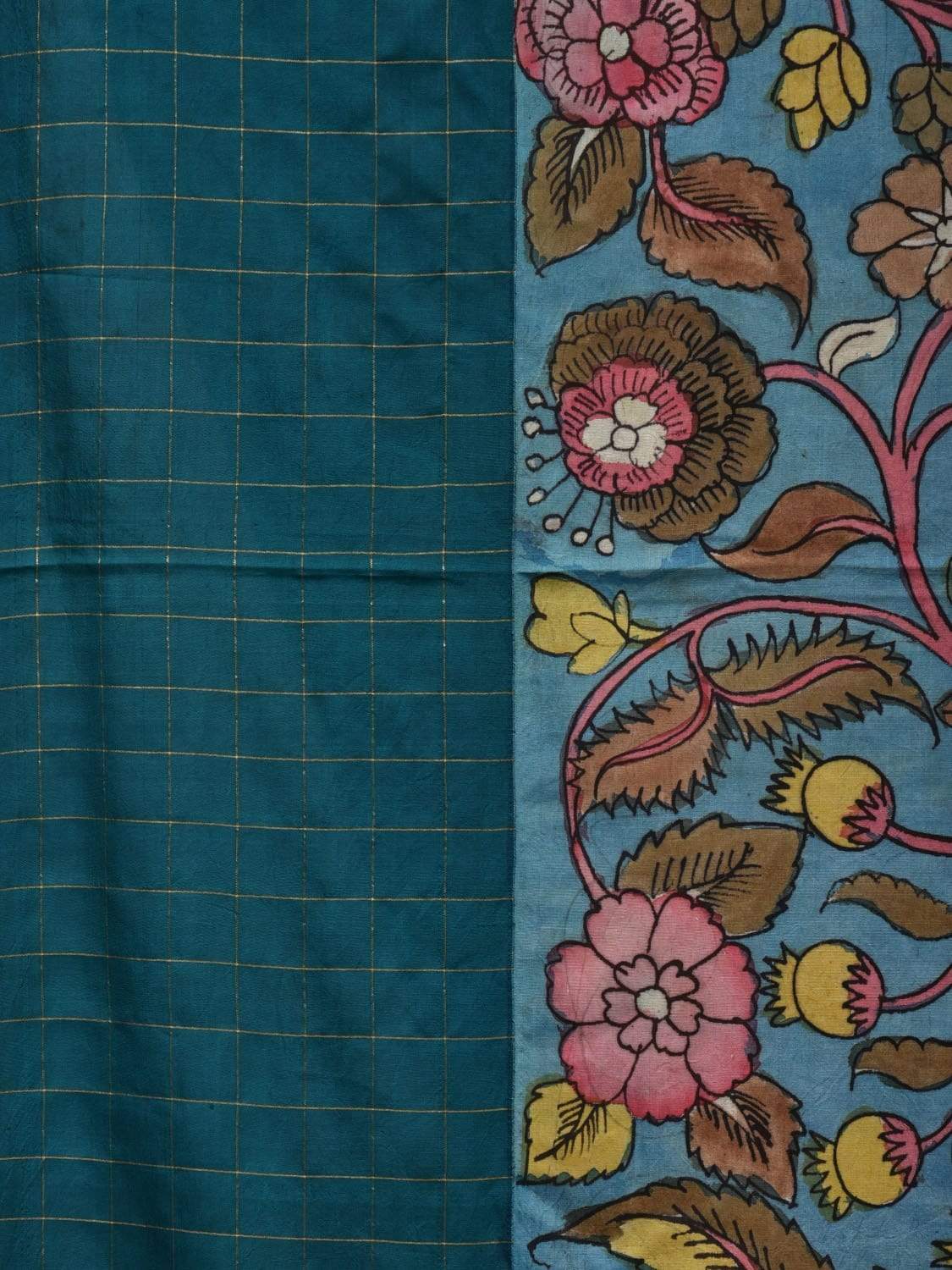 Blue Kalamkari Hand Painted Gadwal Silk Handloom Saree with Floral and Ganga-Jamuna Checks Border Design KL0522