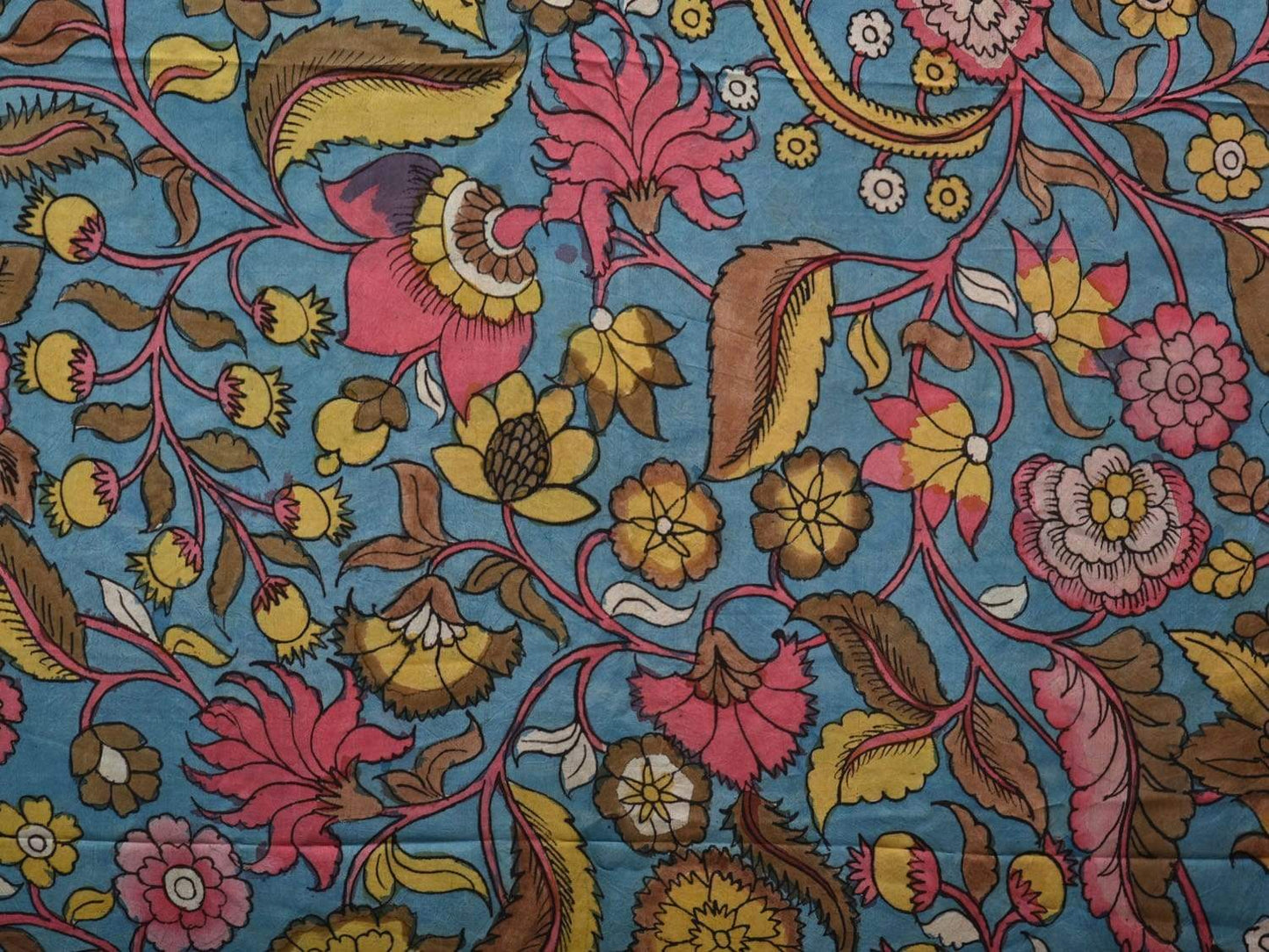 Blue Kalamkari Hand Painted Gadwal Silk Handloom Saree with Floral and Ganga-Jamuna Checks Border Design KL0522