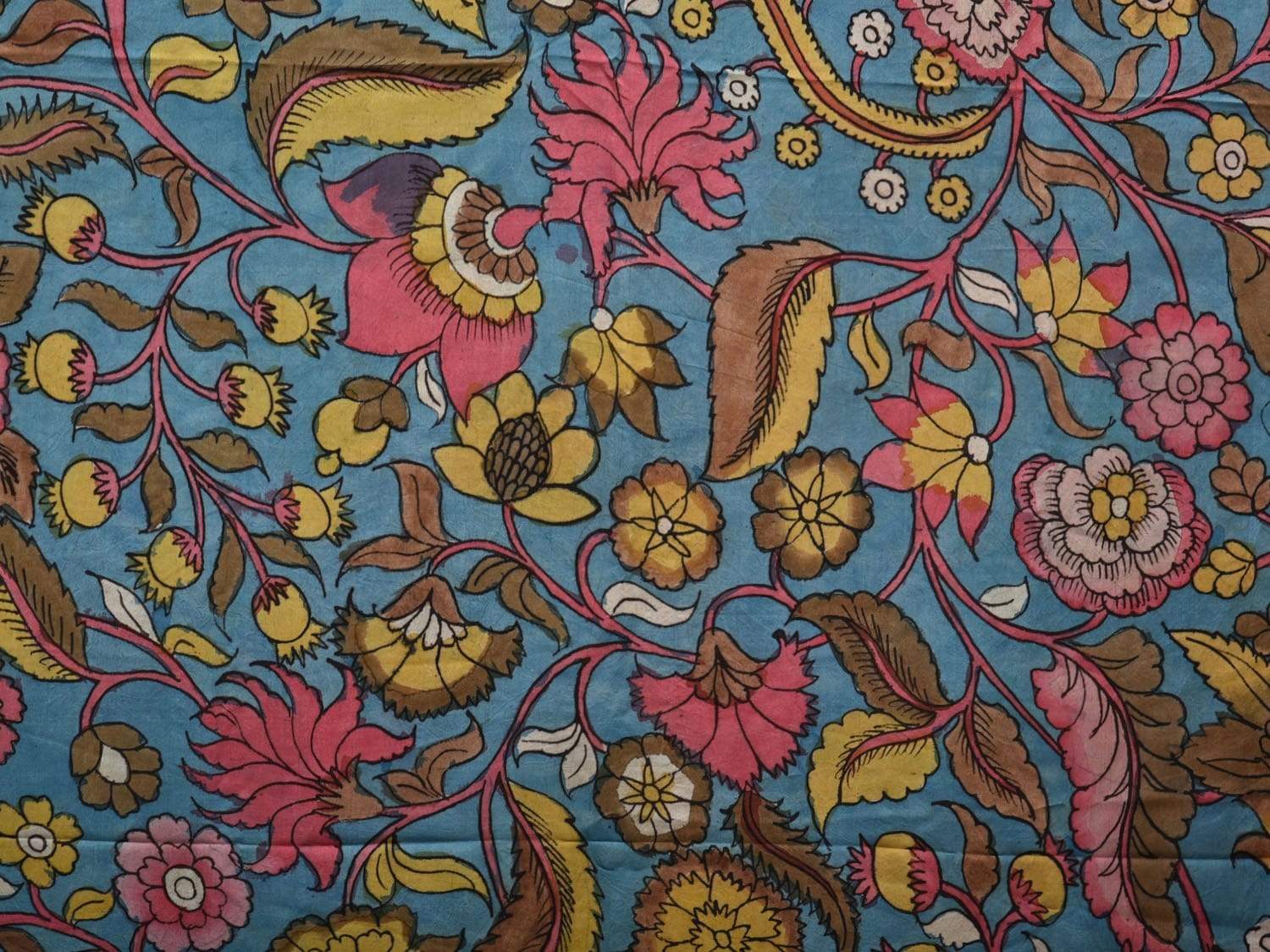 Blue Kalamkari Hand Painted Gadwal Silk Handloom Saree with Floral and Ganga-Jamuna Checks Border Design KL0522