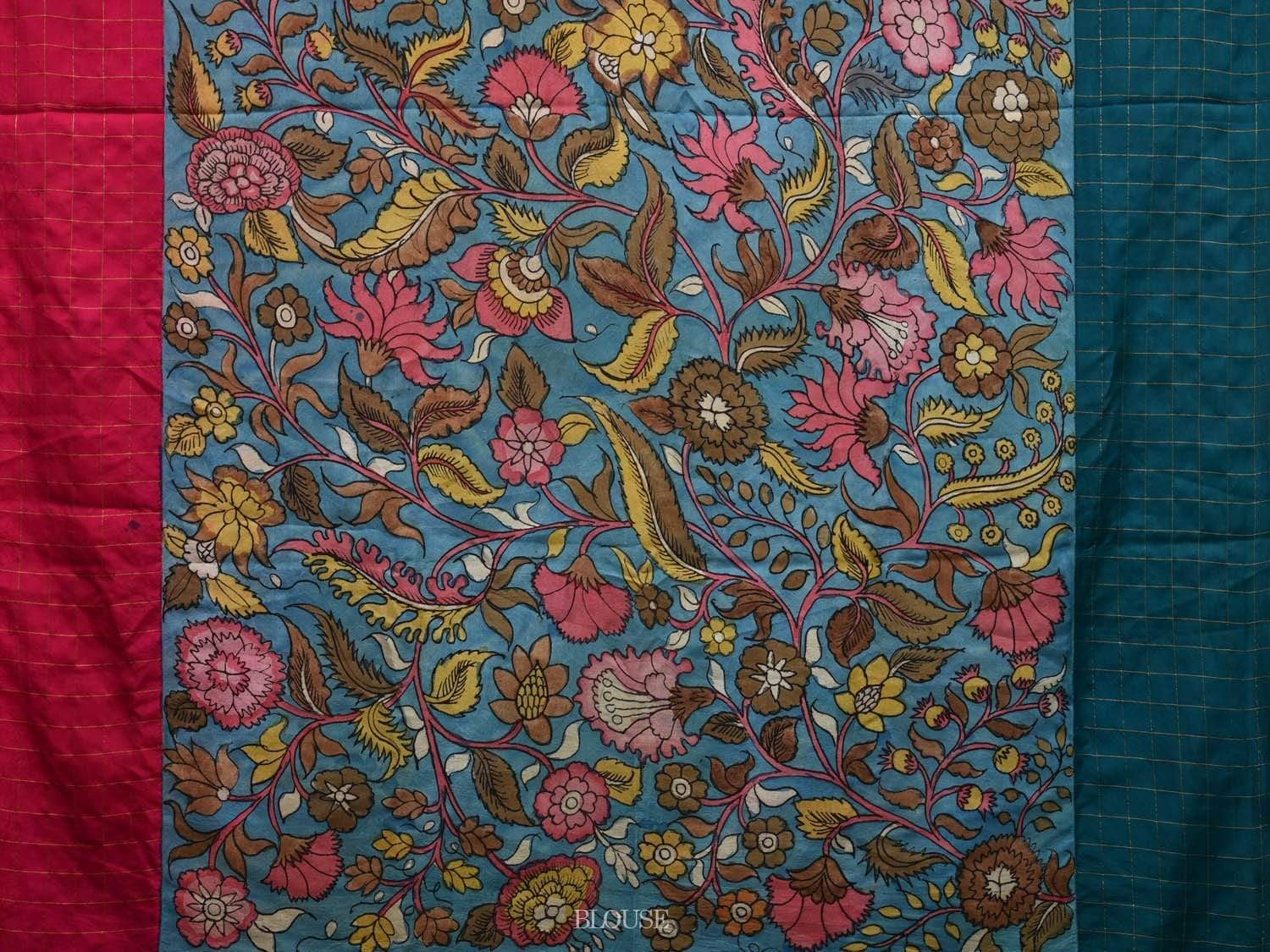 Blue Kalamkari Hand Painted Gadwal Silk Handloom Saree with Floral and Ganga-Jamuna Checks Border Design KL0522