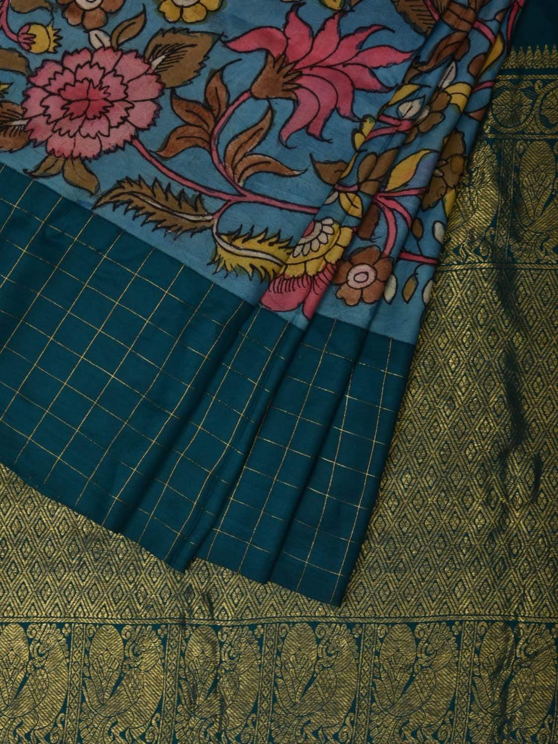 Blue Kalamkari Hand Painted Gadwal Silk Handloom Saree with Floral and Ganga-Jamuna Checks Border Design KL0522