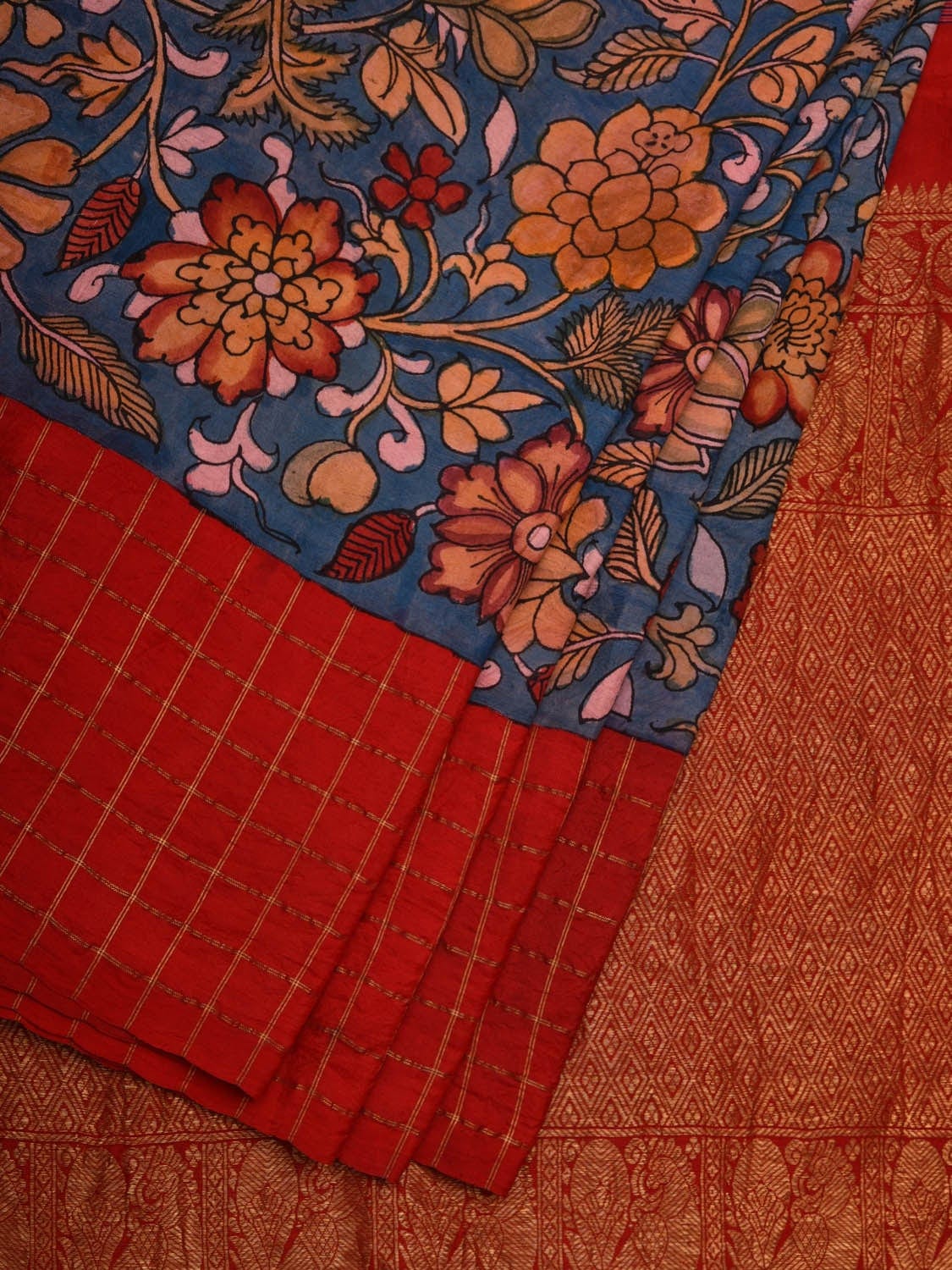 Blue Kalamkari Hand Painted Gadwal Silk Handloom Saree with Floral and Ganga-jamuna Checks Border Design KL0584