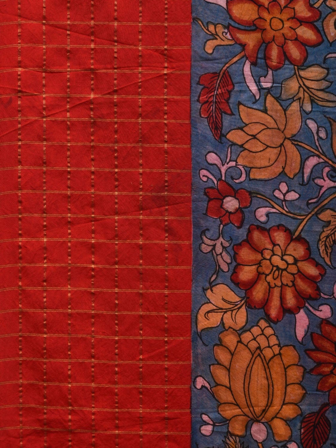 Blue Kalamkari Hand Painted Gadwal Silk Handloom Saree with Floral and Ganga-jamuna Checks Border Design KL0584