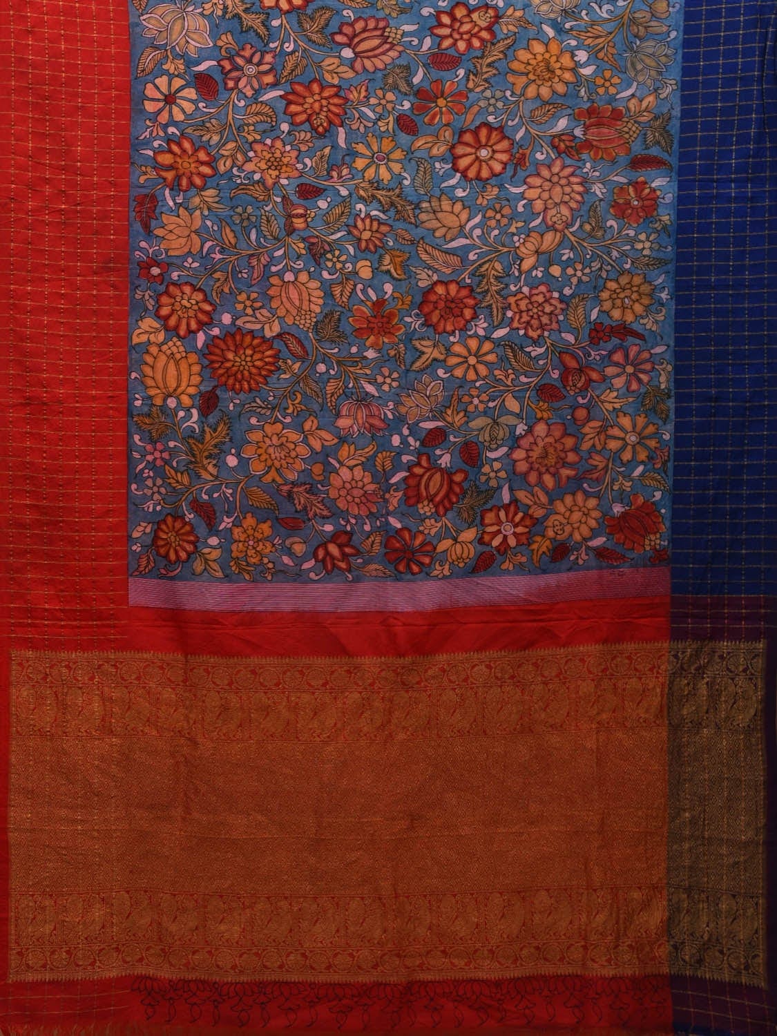 Blue Kalamkari Hand Painted Gadwal Silk Handloom Saree with Floral and Ganga-jamuna Checks Border Design KL0584