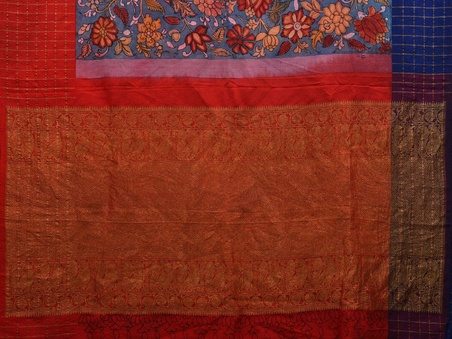 Blue Kalamkari Hand Painted Gadwal Silk Handloom Saree with Floral and Ganga-jamuna Checks Border Design KL0584