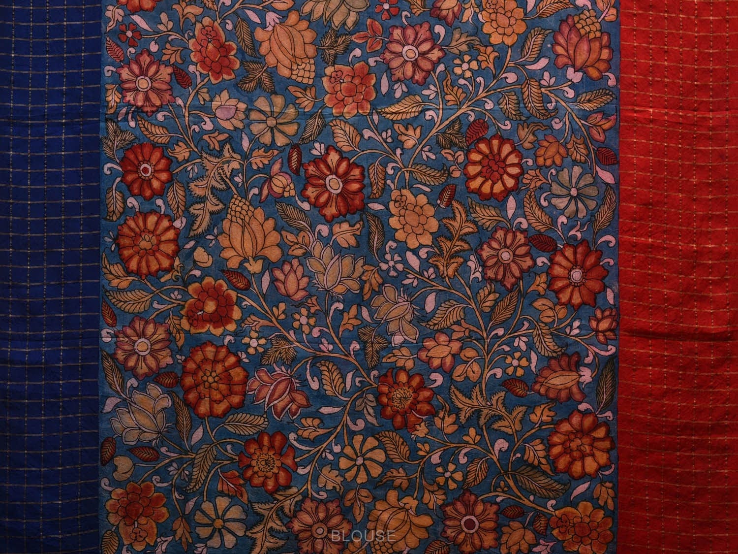 Blue Kalamkari Hand Painted Gadwal Silk Handloom Saree with Floral and Ganga-jamuna Checks Border Design KL0584